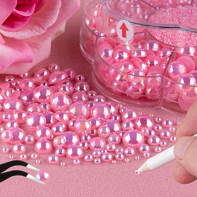 Nail Art Flat Back Half Round Pearl Kits 17, 1 Box of 6000 Pcs Flat-Back Pink AB Pearl with Tweezer and Picker Pencil for Home DIY Nails Body Face Craft and Salon Use
