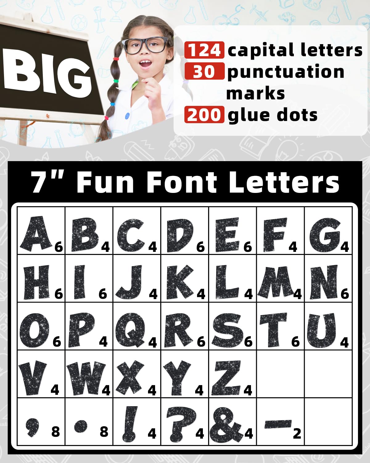 154 Pcs Large 7" Glitter Bulletin Board Letters, Poster Board Letters Alphabet Punctuation Cut Out Cardboard Letters Accessories for Classroom Display Decorating Supplies 7inch