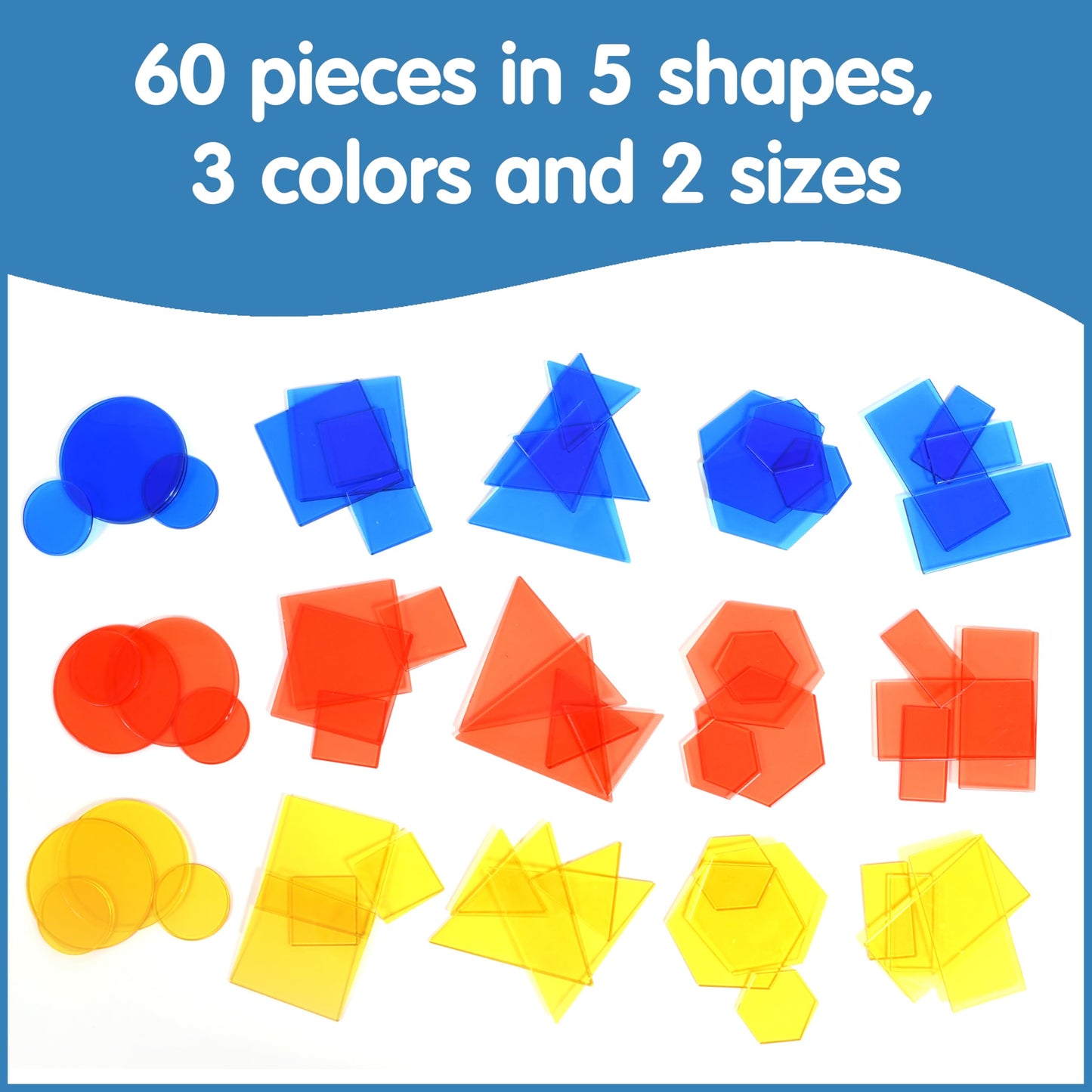edxeducation Transparent Attribute Blocks - Mini Jar Set of 60 - Colorful, Plastic Shapes - Light Box Accessory - Sensory Play - Math Manipulative for Kids