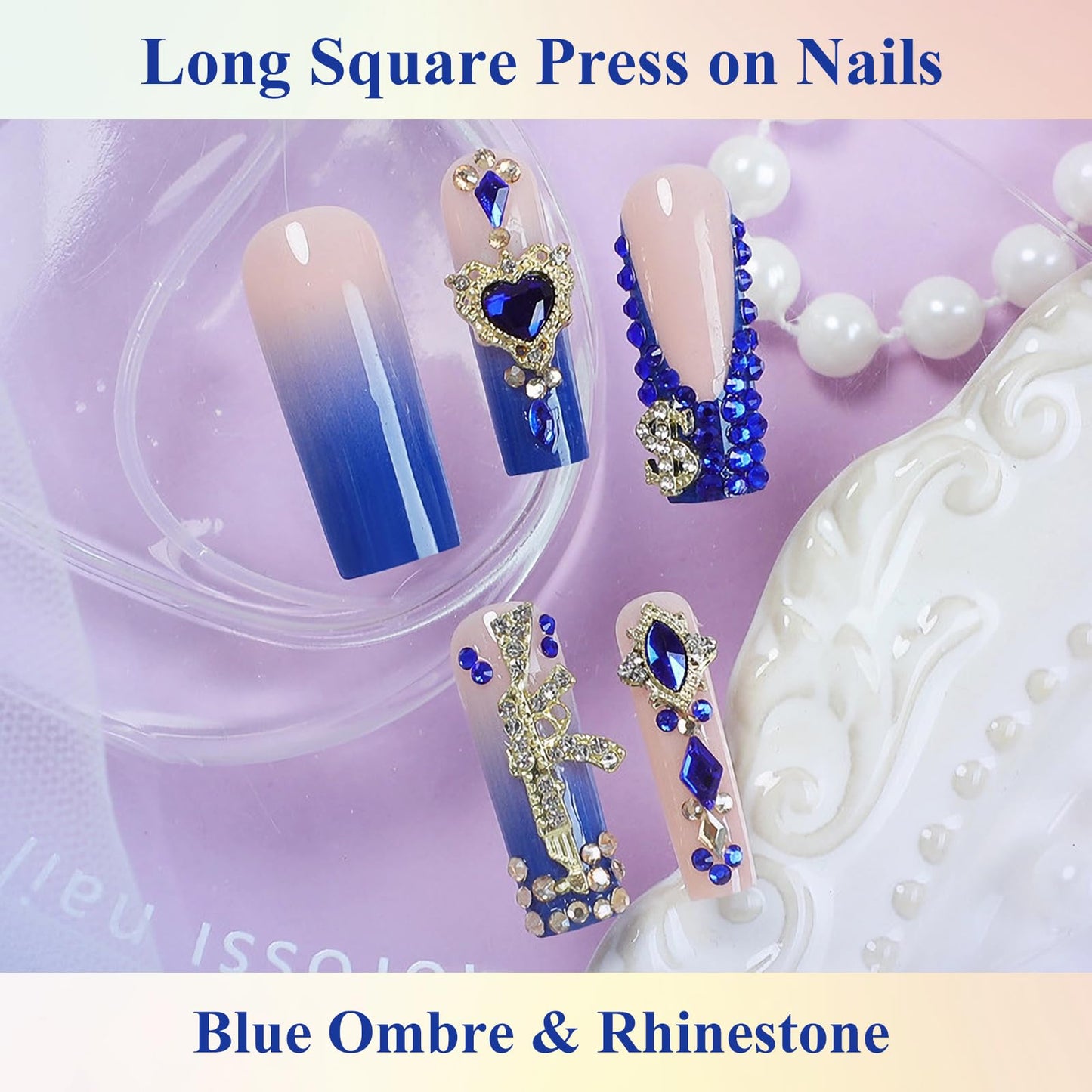 MISUD Press on Nails - Long Square Glue on Nails with Royal Blue, Acrylic Y2K Gun Rhinestone Design 24 pcs