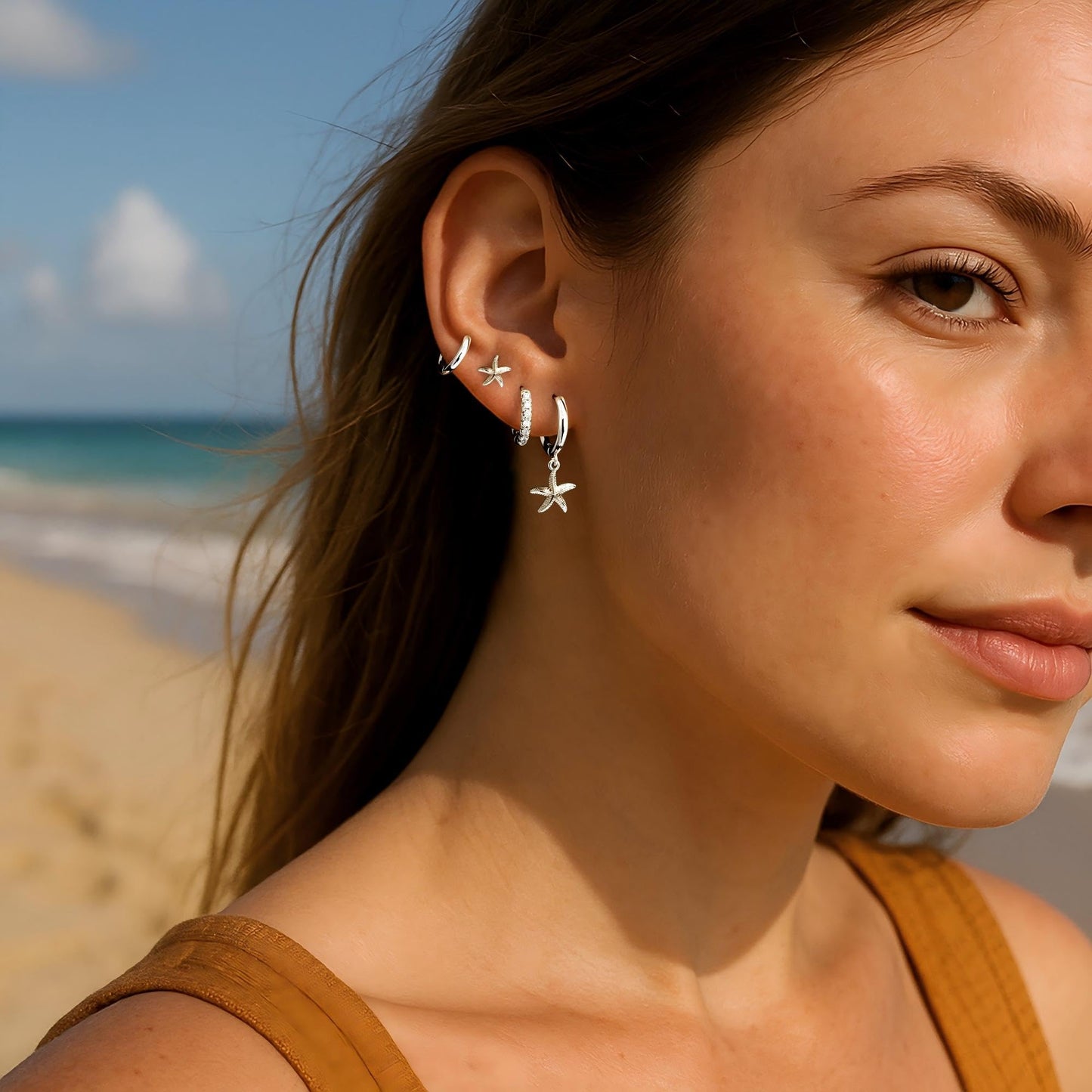 Starfish Earrings Set for Women, Silver Starfish Dangle Stud Hoop Earring Set for Multiple Piercing, Summer Beach Jewelry, Essential for Holiday Earrings