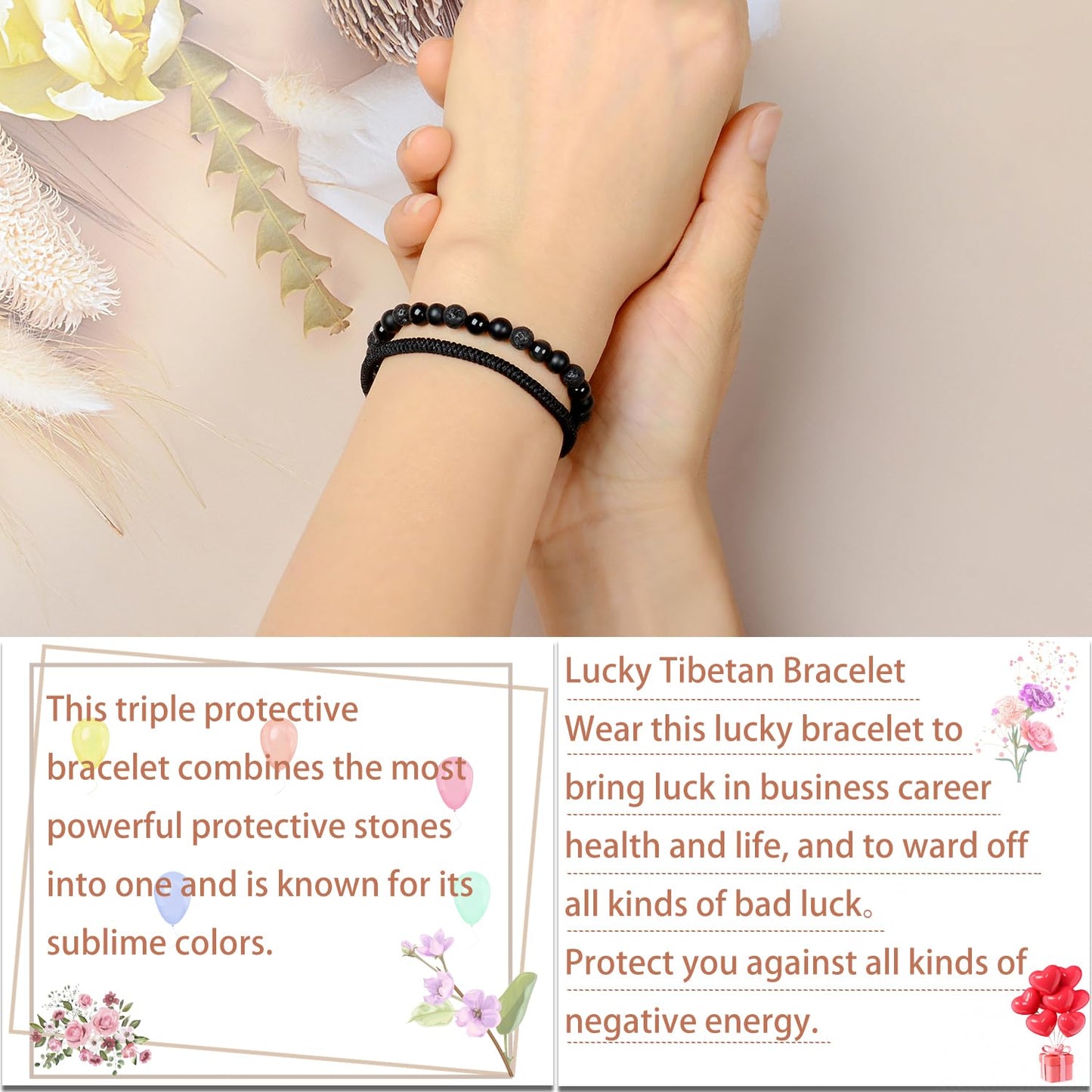 LPBeads 6mm Onyx Lava Obsidian Mixed stone Bracelet with Handmade Rope Bracelet Size Adjustable Natural Stone Crystal Healing Bracelets Gifts for Unisex Adults