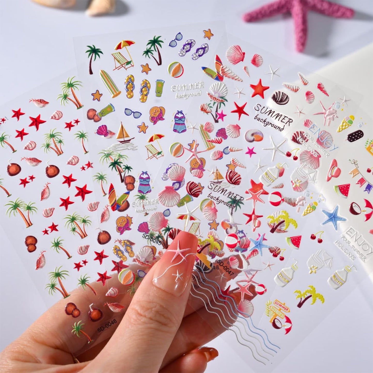 4 Sheets Ocean Nail Art Stickers Summer Nail Decals 5D Embossed Beach Self-Adhesive DIY Nail Sticker Cute Palm Tree Sea Shell Starfish Nail Supplies for Women Acrylic Nails DIY Decoration