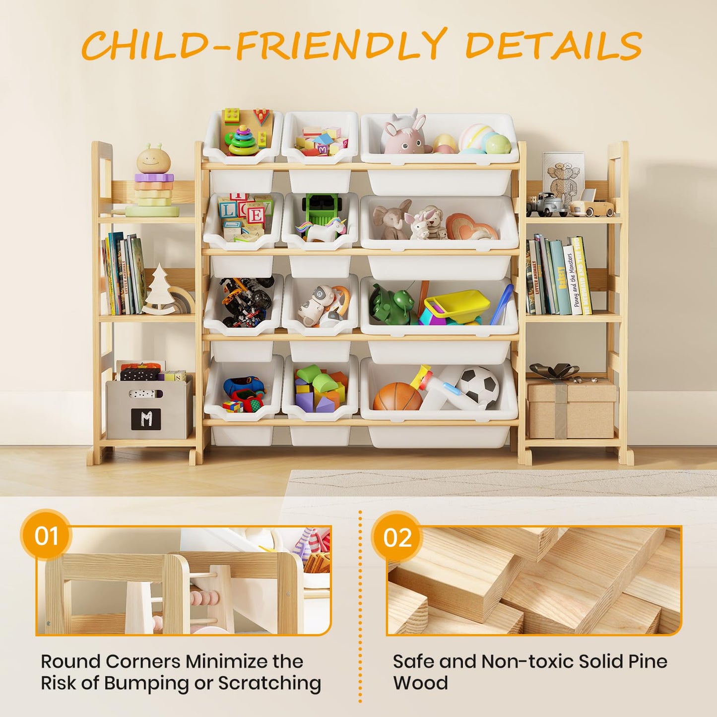 EXPERLAM Extra Large Toy Storage - Toy Storage Organizer, Wooden Toy Organizer with 6 Side Shelves and 12 Bins, 3-in-1 Bookshelf for Kids Rooms, Playroom, Nursery, White