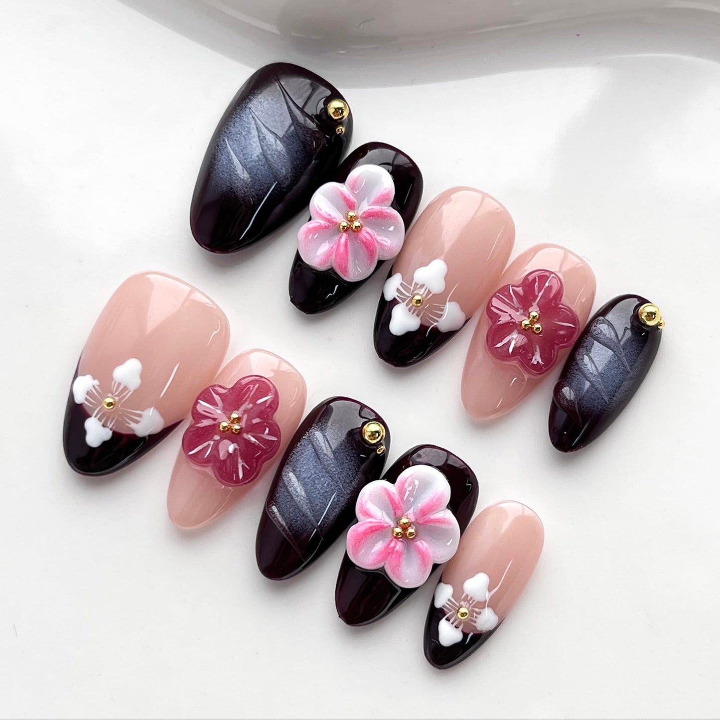 Handmade Press on Nails Almond Short 3D Floral Nails French Tip Thick Acrylic Fake Nails Purple False Nails with Pink Flower Designs Elegant Sturdy Nail Art Press on Nails 10Pcs(S)