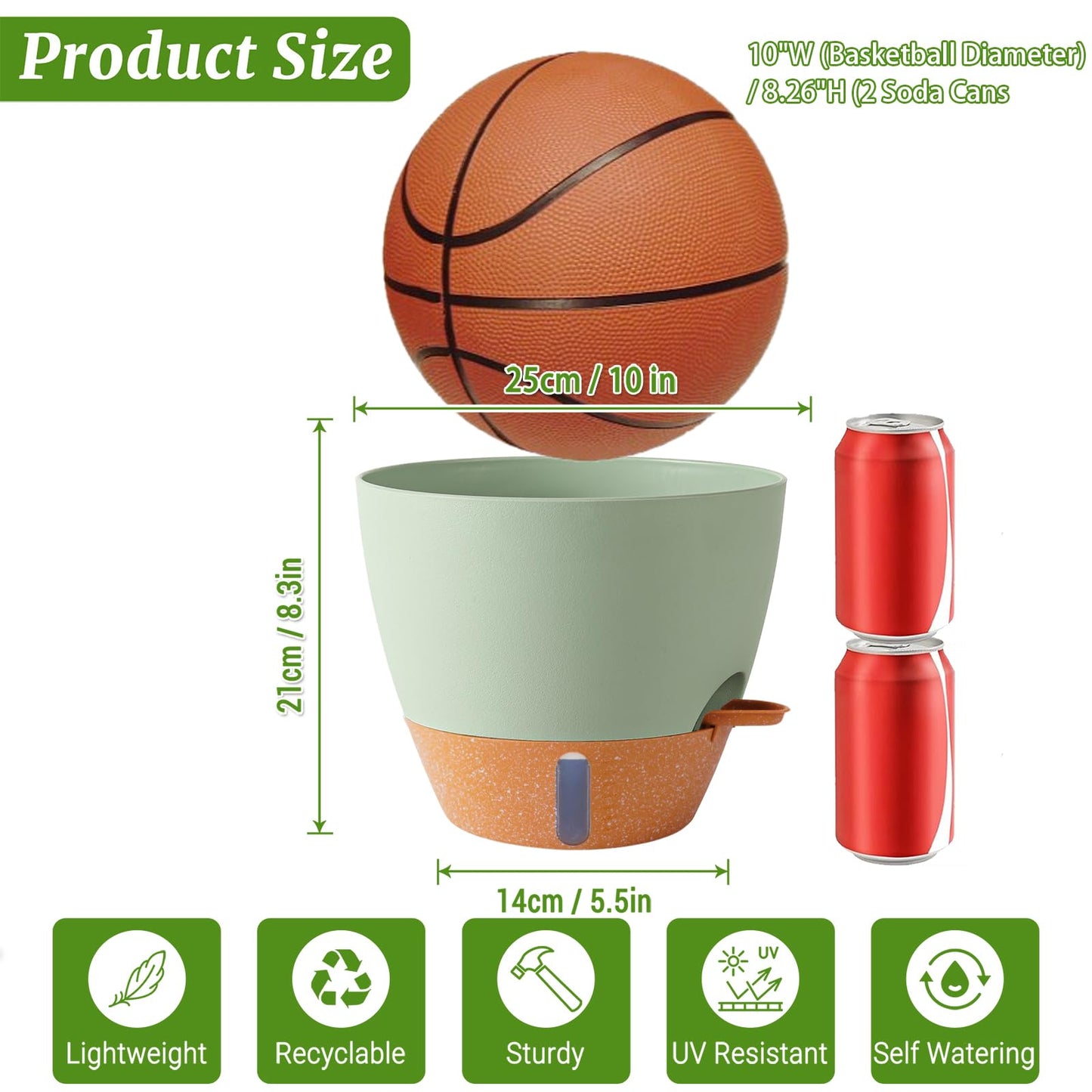Fielda 2 Pack 10 inch Plant Pots, Plastic Self Watering Planters with Drainage Holes, Deep Reservoir, Water Level Indicator, Modern Decorative Flower Pots for Indoor Outdoor Plants (Green, 10 inch)