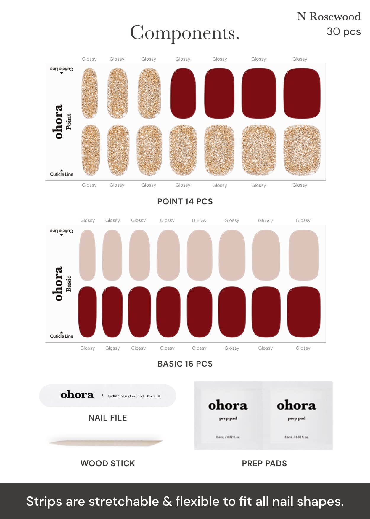 ohora Semi Cured Gel Nail Strips (N Rosewood) - Red, Solid, Works with Any UV/LED Lamps, Salon-Quality, Long Lasting, Easy to Apply & Remove - Includes 2 Prep Pads, Nail File & Wooden Stick