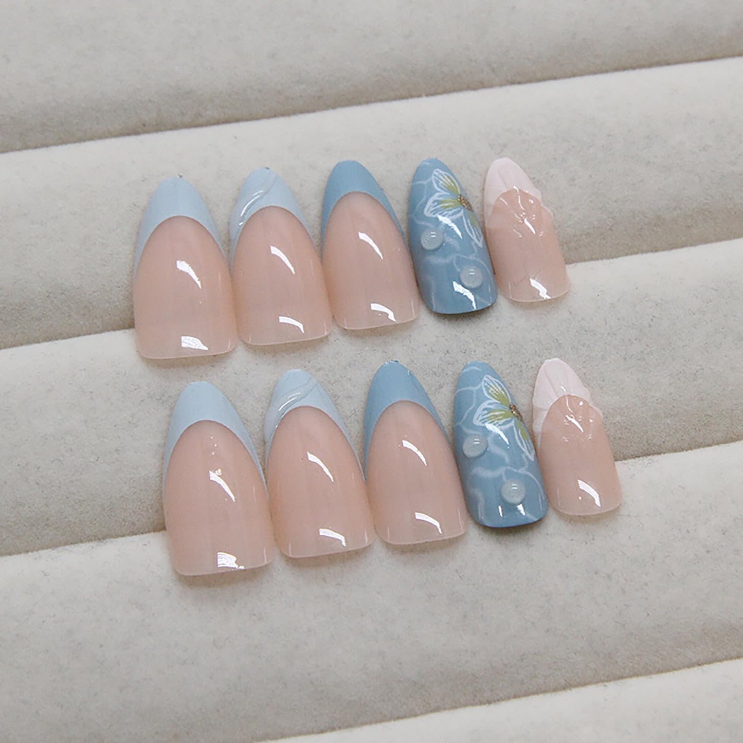 24 Pcs Blue Almond Press on Nails Medium Length Fake Nails 3D Flower and Water Ripple Design Artificial Acrylic Nails Press ons Cute French Tip False Nails Summer Glue-Free Nails for Women