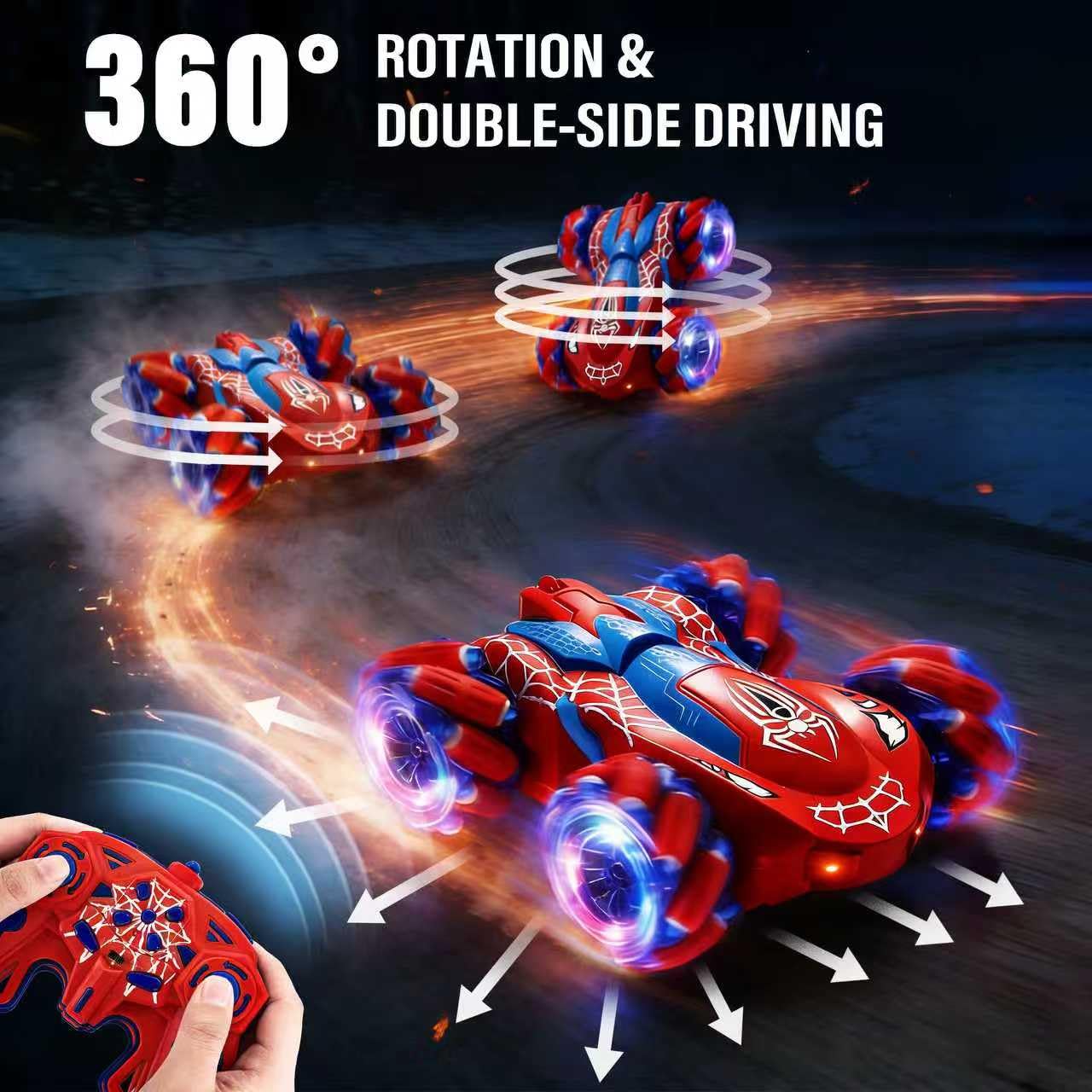 JOGSTEP Spider RC Stunt Car for Kids, 2.4GHz Double-Sided 360° Rotating 4WD Remote Control Car with LED Headlights, Rechargeable Off-Road Spider Toy Gift for Boys Ages 4–6 5–7 8–13