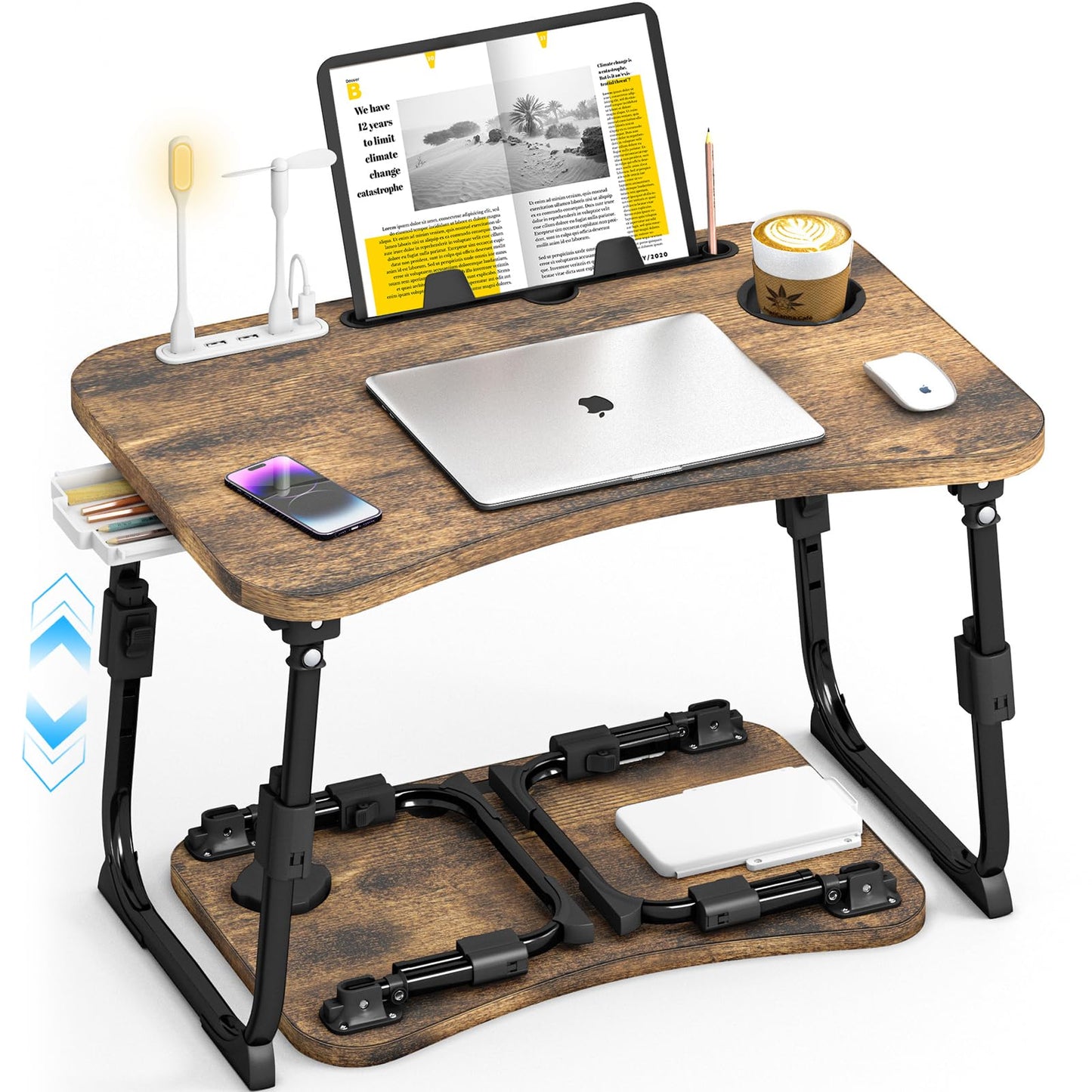 Lap Desk for Bed Adjustable Height, Foldable Bed Table with Storage Drawer, Tablet Slot & Cup Holder, Portable Laptop Stand for Bed & Sofa, Bed Desk for Adults & Kids, Carbonized