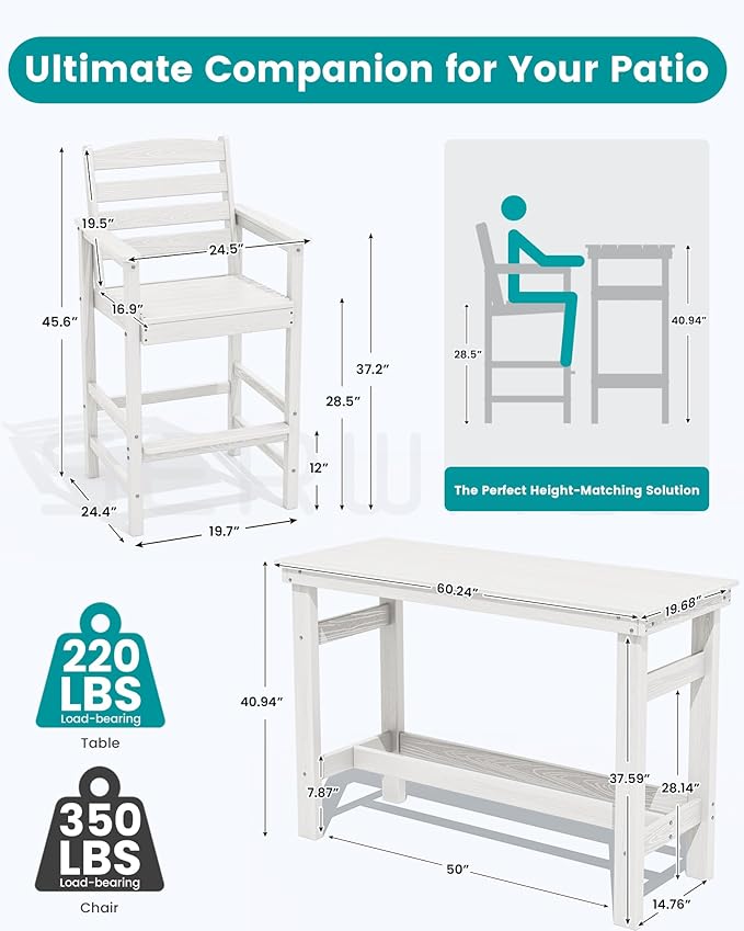 SERWALL Outdoor Bar Set - 2 Adirondack Bar Chairs & Bar Height Table with 1.6" Umbrella Hole, All-Weather HDPE Patio Furniture for Poolside, Backyard, Garden - White