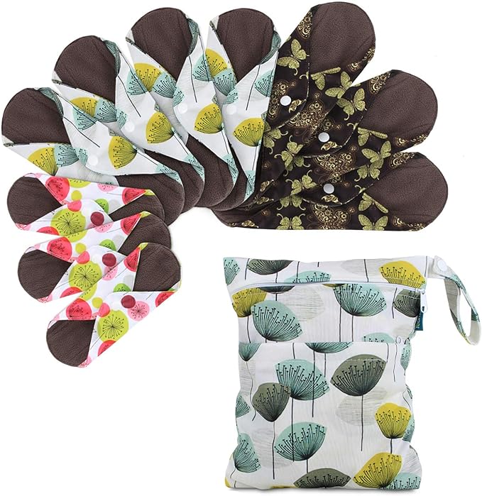 Teamoy 10pcs Cloth Panty Liners, Reusable Sanitary Pads with Wet bag, Washable Cloth Menstrual Pads with Charcoal Absorbency Layers (Country Style, 3pcs×7.9''+4pcs×10''+3pcs×11.6''), 11 Piece Set