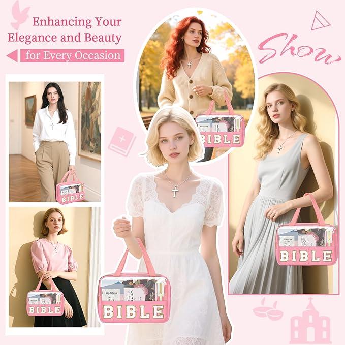 Chenille Letter Bible Bag Cover Case for Women,Preppy Bible Study Supplies Church Bag Purse Bible Accessories with Handle Zipper,Waterpoof Travel Makeup Bag Christmas Christian Gifts(BIBLE-Pink)