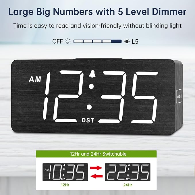 DreamSky Wooden Digital Alarm Clock with Wireless Charging for Bedroom