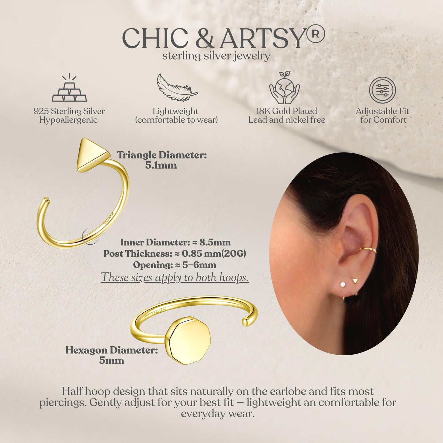 Huggie Hoop Earrings 18K Gold Plated 925 Sterling Silver Triangle Dot Open Hoop Earrings for Women Small Hug Hoops Huggy Hoop Earrings Set 2 Pairs