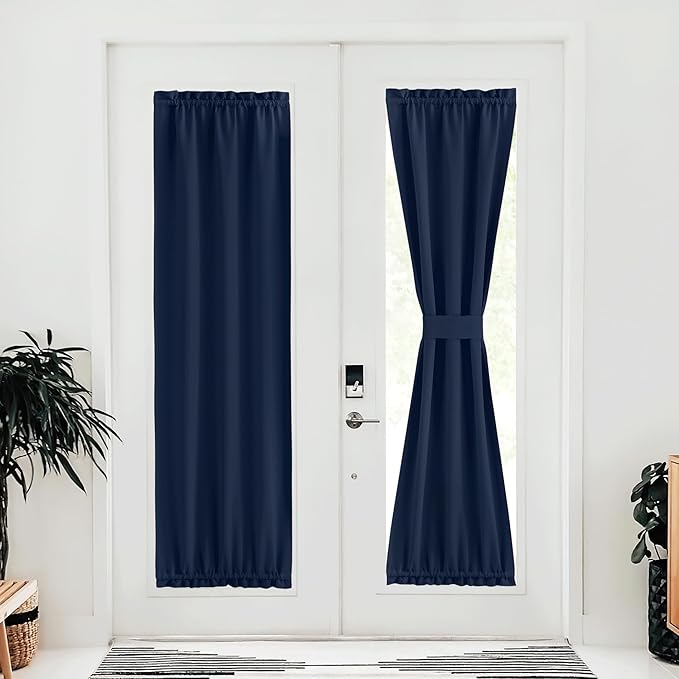 NICETOWN Doorway Blackout Curtain for Door Window, Thermal Insulated Temporary Window Treatment Covering for Glass Door Rod Pocket with Tieback, 25" x 80", Navy, 1 Panel