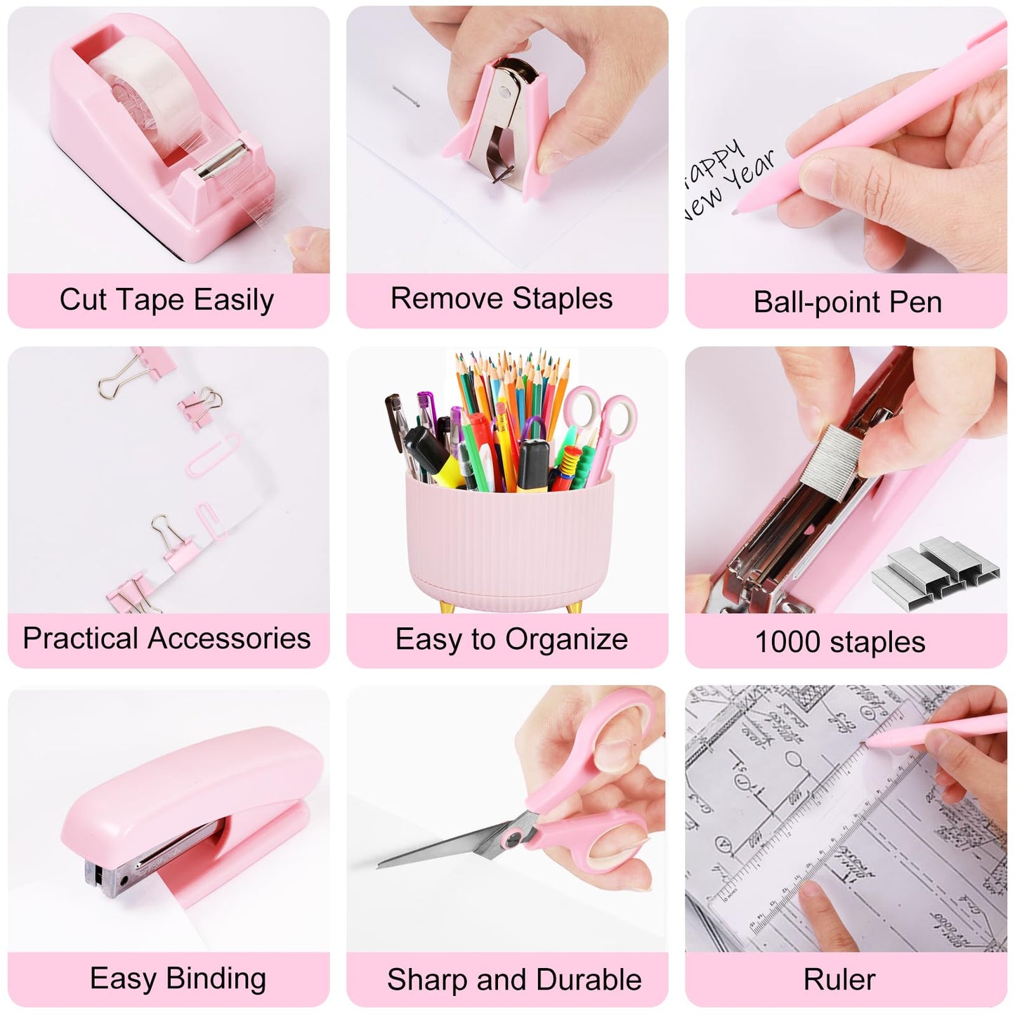Gawsey Pink Desk Organizers and Accessories Set with 360-Degree Rotating Pen Holder, Tape Dispenser, Stapler, Staple Remover, 1000 Staples, Tape, Clips Set, Ruler, Scissor, Pen