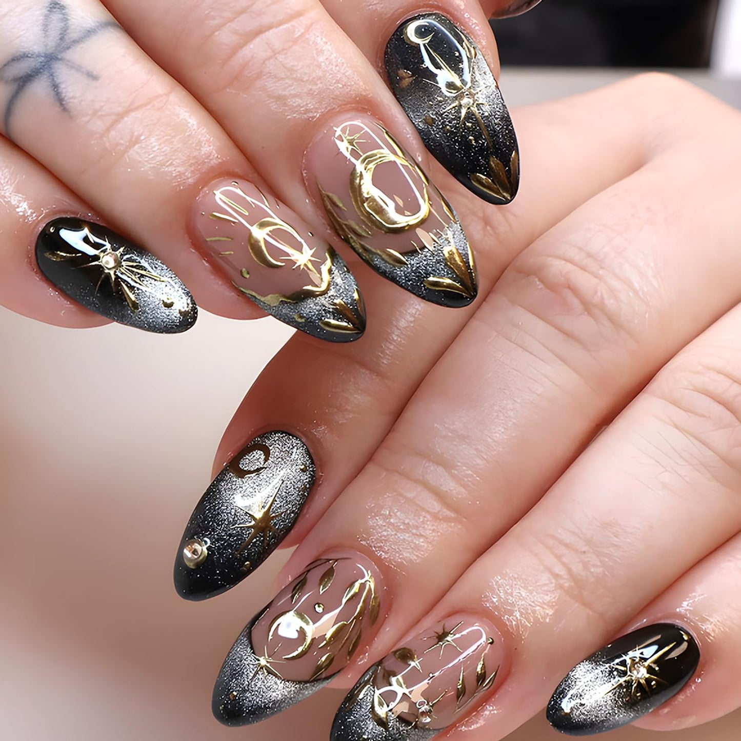 3D Gold Star Moon Press on Nails Rhinestones French Tip Fake Nails with Leaf Design Long Almond Acrylic False Nail Mirror Full Cover Glue on Nail for Women