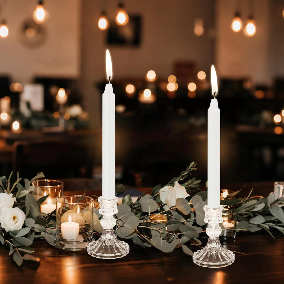 12 Pack Glass Candlestick Holders- Clear Taper Stripe Candle Holders for Candlesticks, 4" H Taper Candle Holders Small Centerpiece for Wedding, Festival, Party & Windowsill Decor