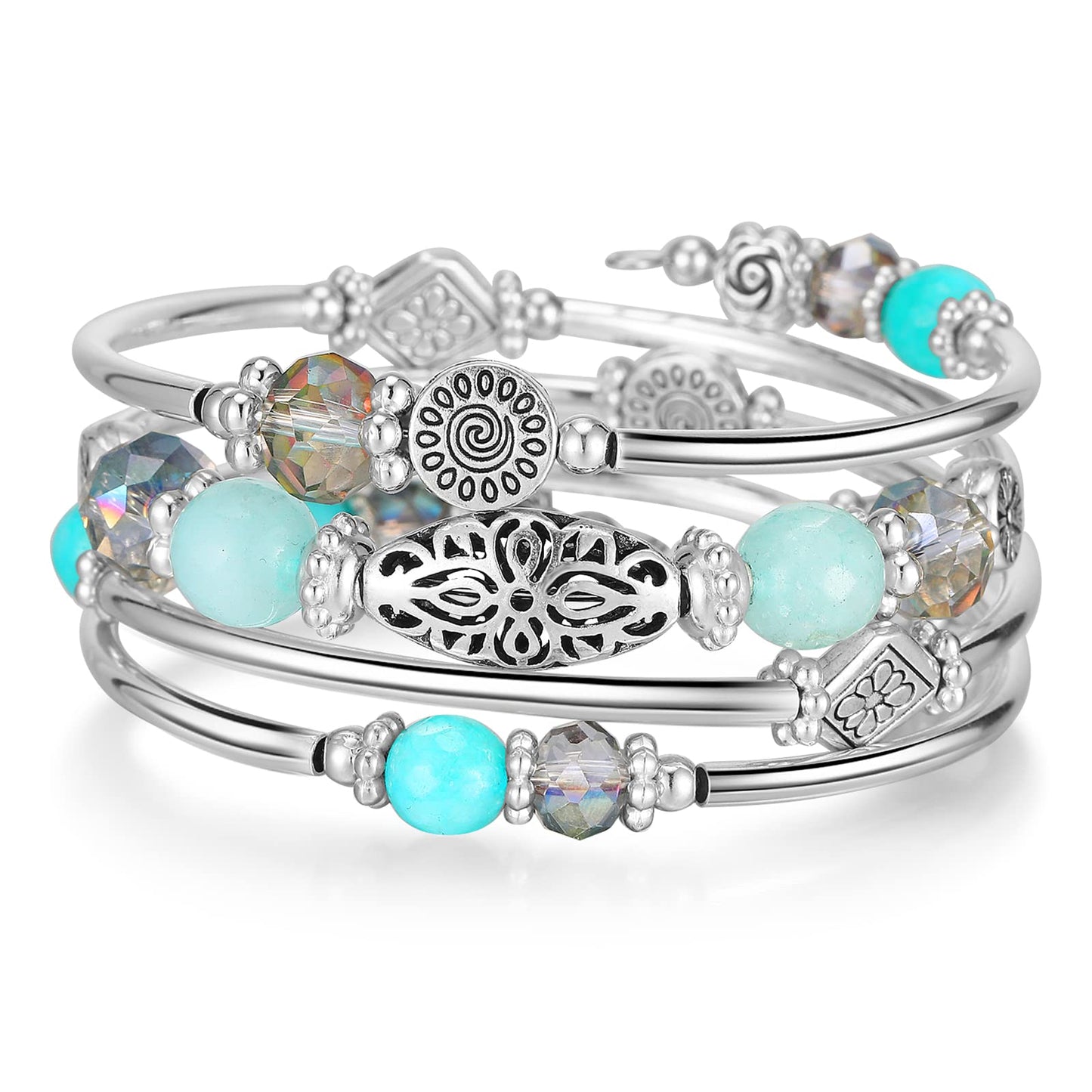 FULU AUTUMN Stackable Beaded Bracelets for Women Boho Wrap Silver Bracelet Layered Fashion Jewelry Gifts for Her(Turquoise)