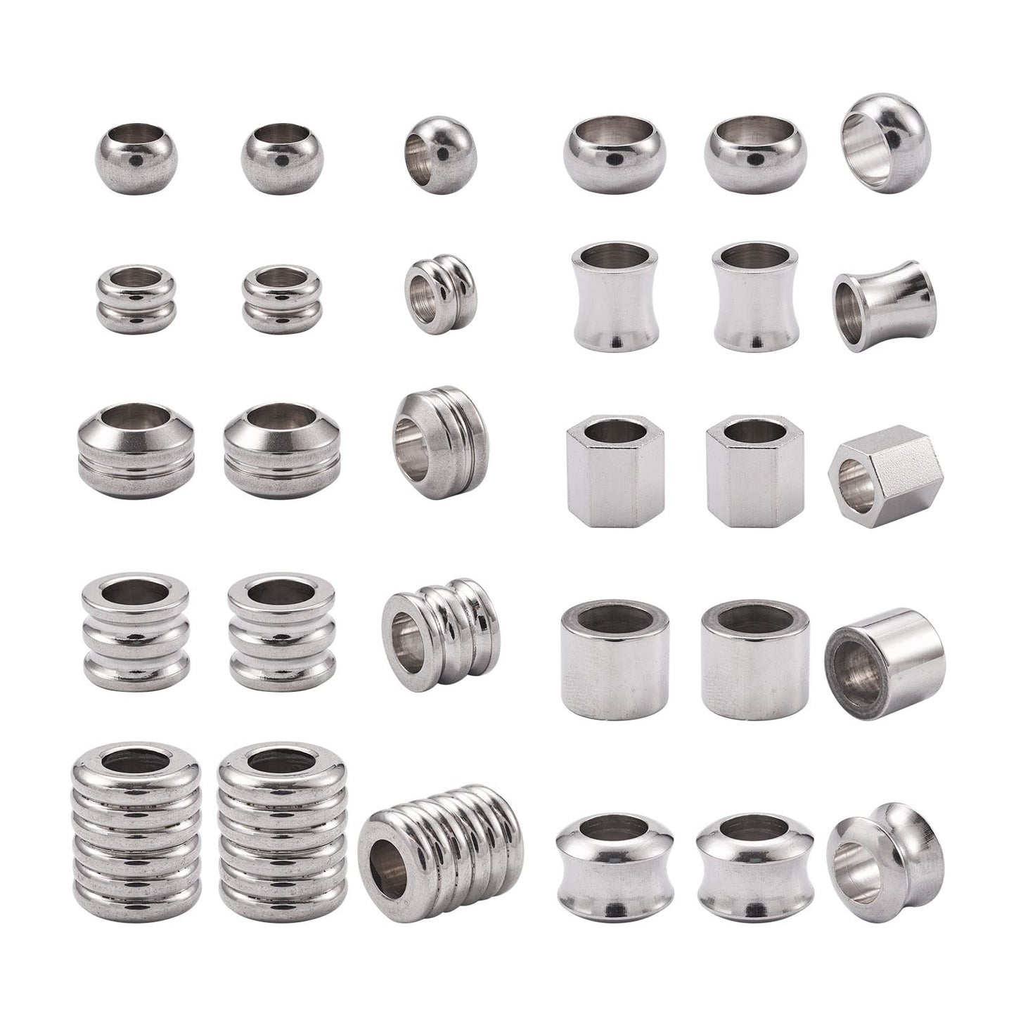 Fashewelry 50pcs Column Rondelle European Beads Large Hole Stainless Steel Loose Beads Assorted Tube Drum Spacer Finding Beads for Macrame Braided Necklace Choker Bracelet Earring Making