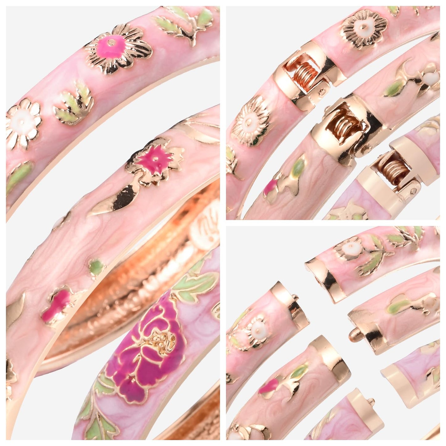 UJOY Womens Enameled Cloisonne Bracelet Gold Plated Flower Enameled Hinged Cuff Bangles Jewelry Gift 55A-3PCS Pink