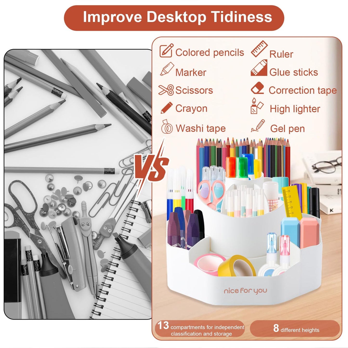 UGWKivd Rotating Desk Pen Organizer, 13 Storage Slots, Large Capacity Pen & Marker Holder, Multifunctional Desktop Organizer for Stationery, Cosmetics, and Kitchen (White)
