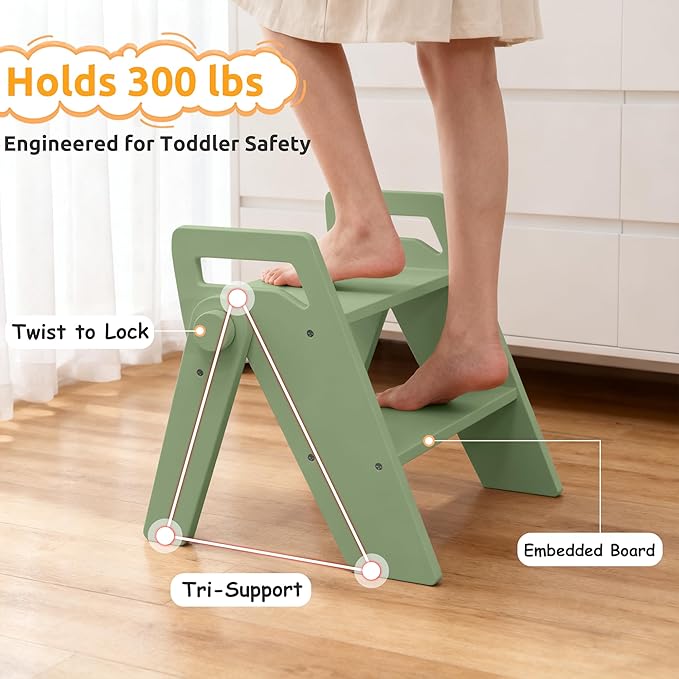 Wooden 2 Step Stool for Kids Bathroom Foldable 2-Step for Toilet Potty Training, Child Stepping Stool for Kitchen Nursery Bedroom Green