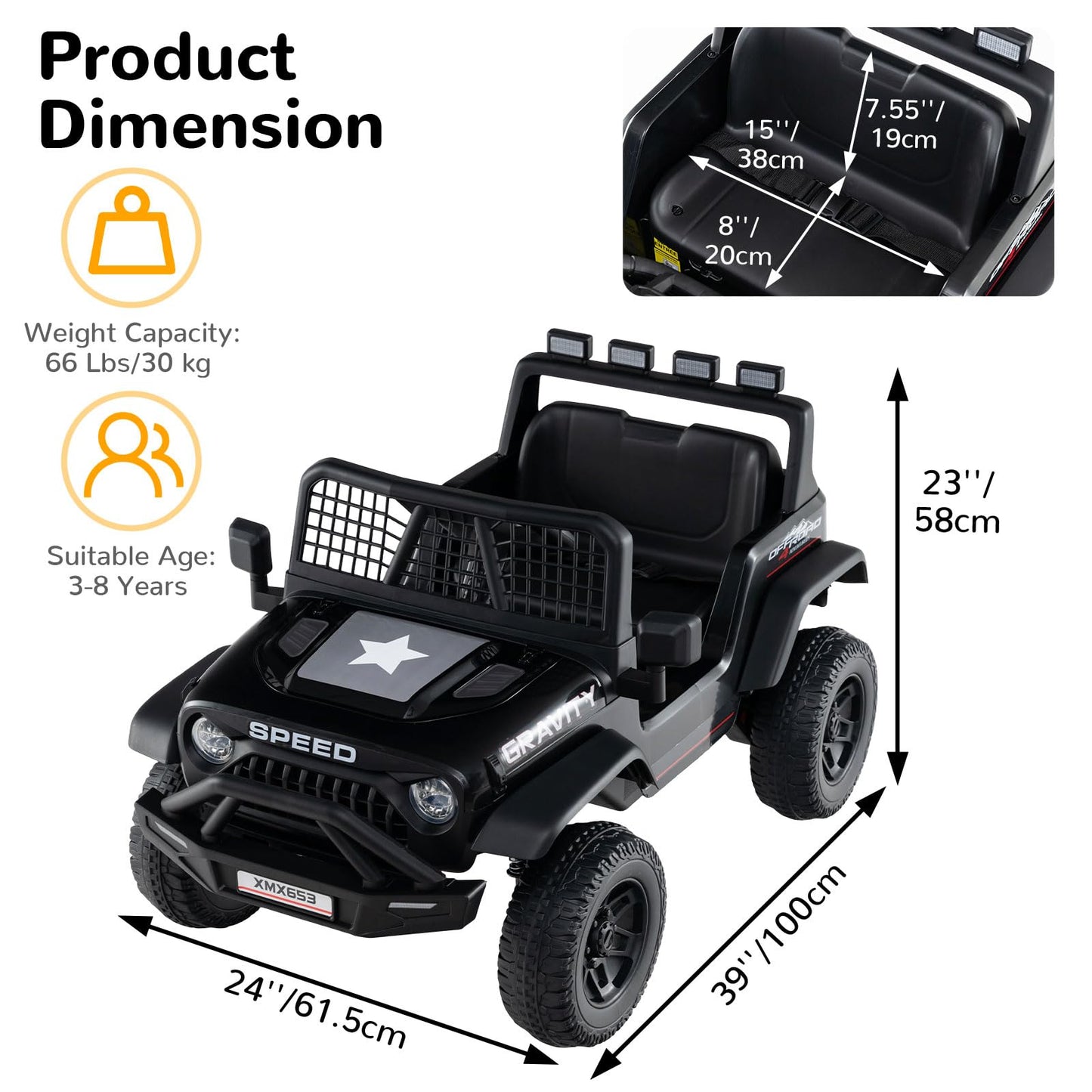 OLAKIDS 24V Ride on Car with Remote Control, Bluetooth, LED Lights, Horn, Spring Suspension, High/Low Speeds, Soft Start for Kids Aged 3+ (Black)