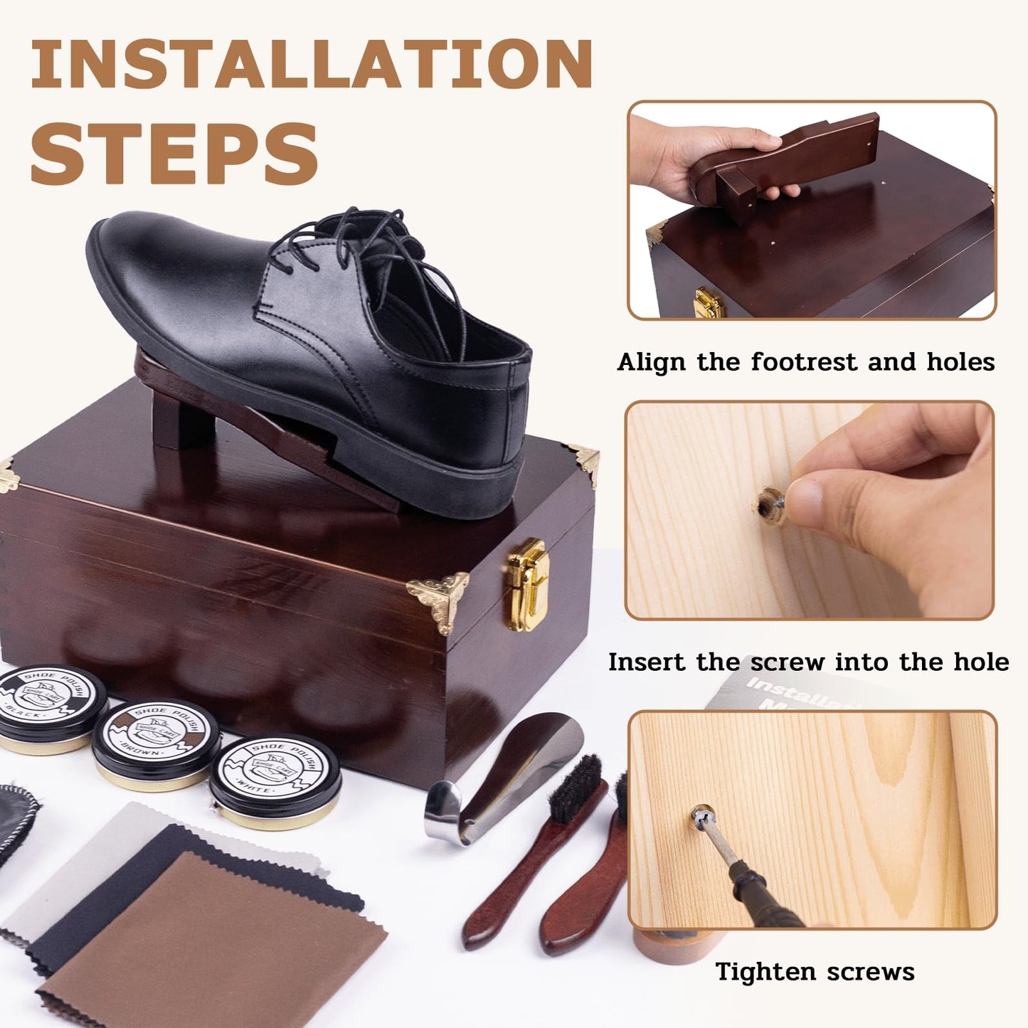 DigNew 10 Pcs Deluxe Shoe Shine Box Set & Shoe Care Polish Kit with Foot Rest, Wooden Care Tools Storage Box Perfect for Multi- Leather Shoes
