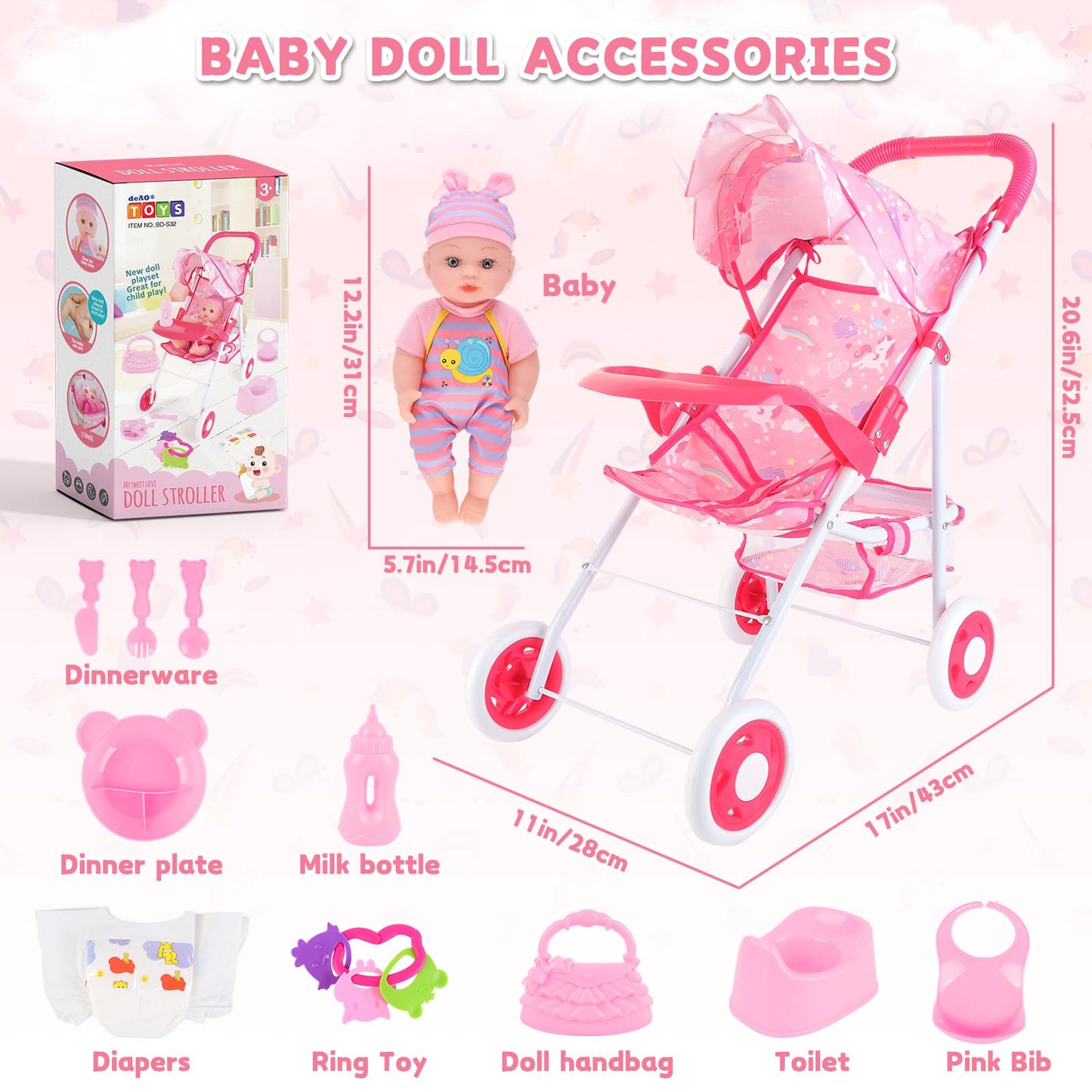 deAO Baby Doll Stroller 12" Baby Doll Set with Foldable Stroller 15 PCS Accessories for Toddlers 3-5 Christmas Birthday Gifts