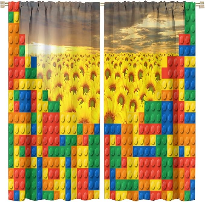 Colorful Building Blocks Sunflower Flower 3D Toy Printed Curtains, Building Blocks, Floral Sunflower Curtains, Interesting Brick 3D Design, Boys and Girls Room Curtain Panels, 2 Panels 63x63in