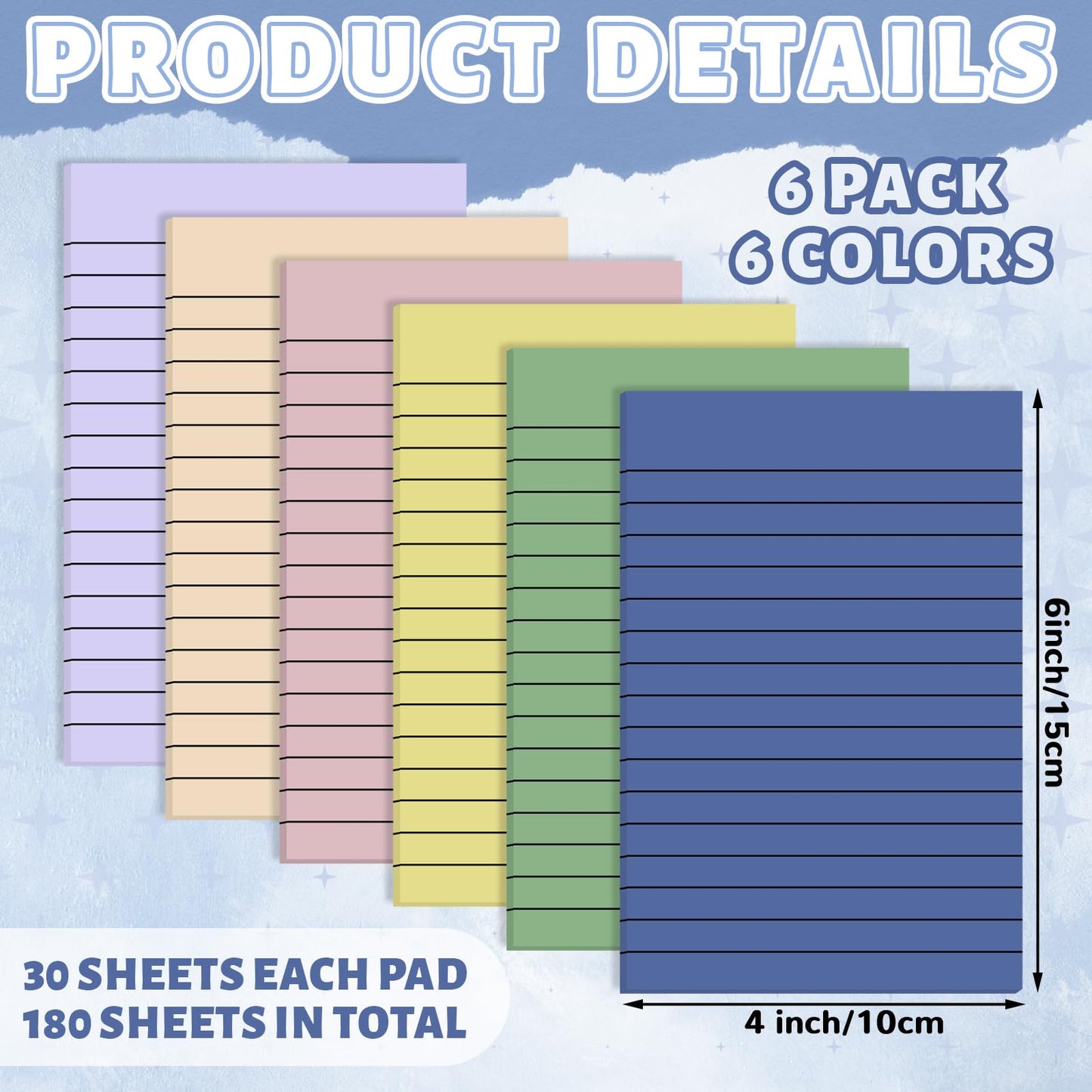 Yinder 6 Pack 180 Sheets Pastel Transparent Sticky Notes Translucent Clear Lined Self Sticky Note, Back to School Gifts for Bible Tabs, Book Tabs, School Supplies, Office, 4 x 6 Inch (Light Color)