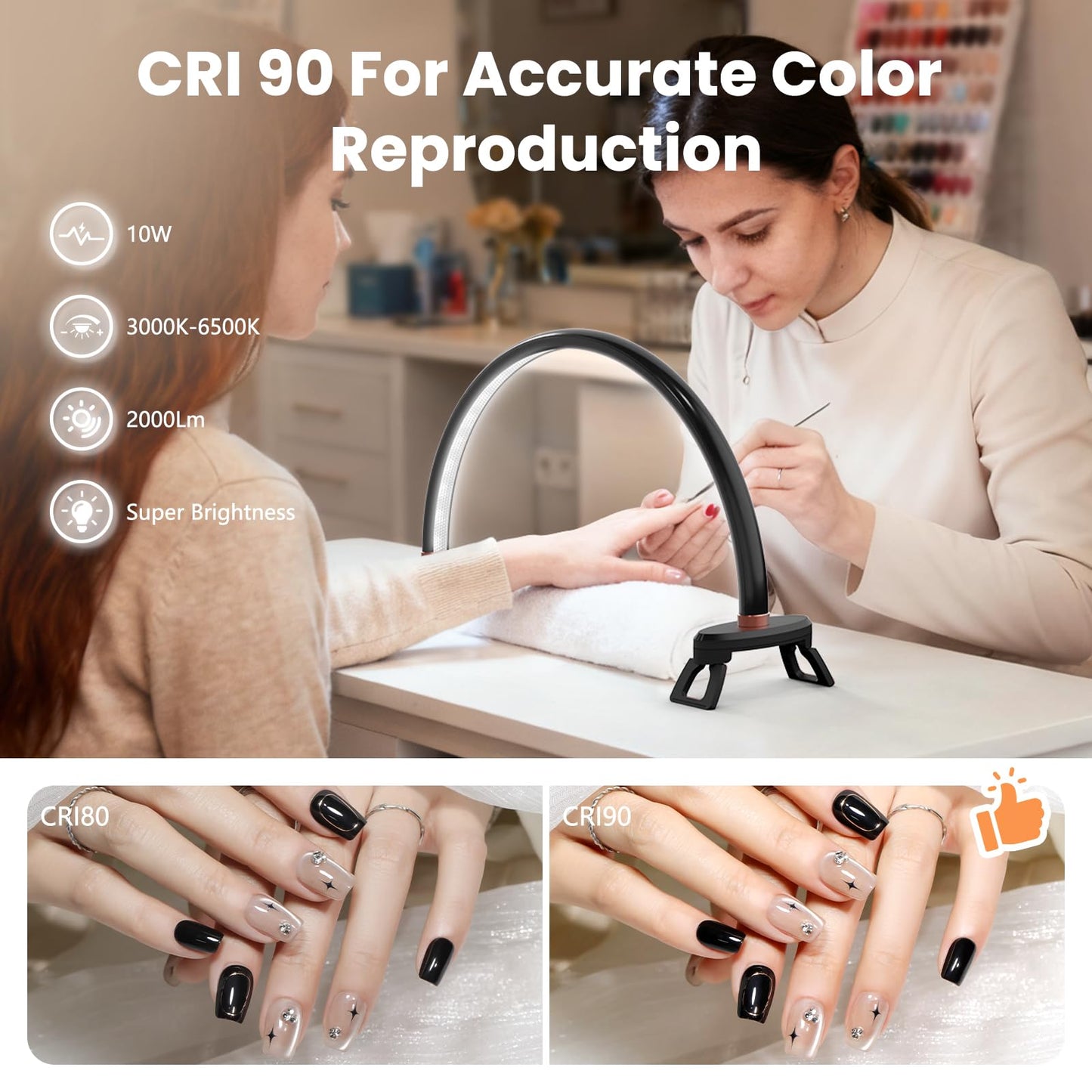 Yokilly Arc Half Moon Light: 16" Half Moon Light with Foldable Bracket for Desk Salon Table Use - No Flicker & Shadow-Free Desk Lamp with Stepless Brightness 3000-6500K for Manicurist Nail Tech