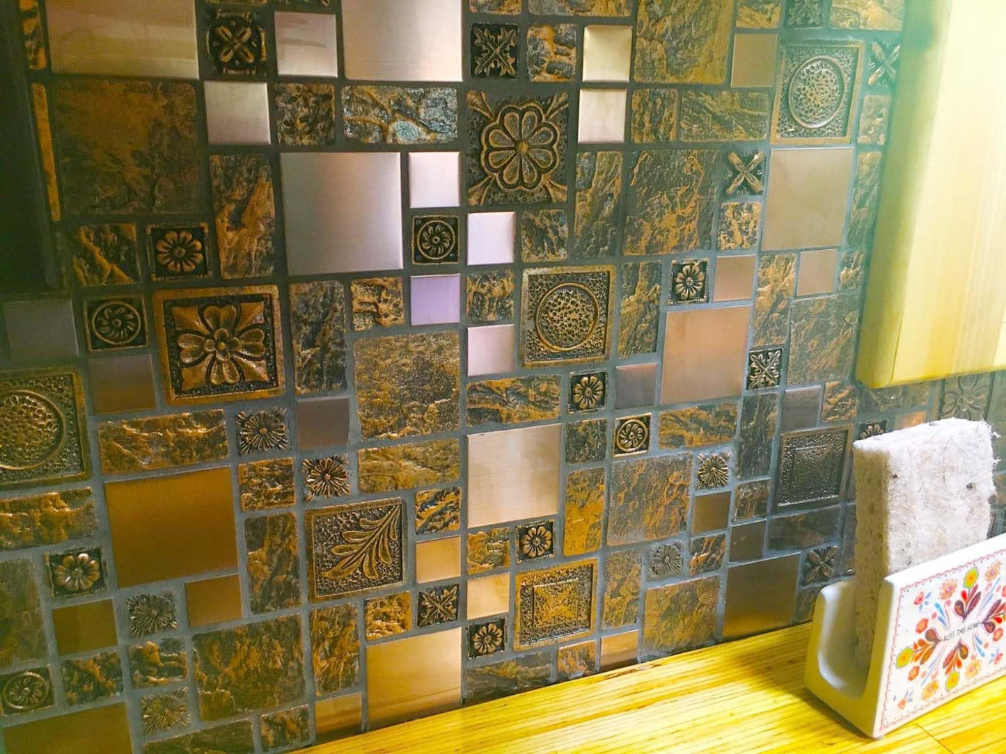 Hominter Bronze & Brushed Metal Mosaic Tile Copper Textured Resin Decorative Wall Backsplash for Kitchen Backsplash, Bathroom Wall, Fireplace Surrounds (5 Square Feet)