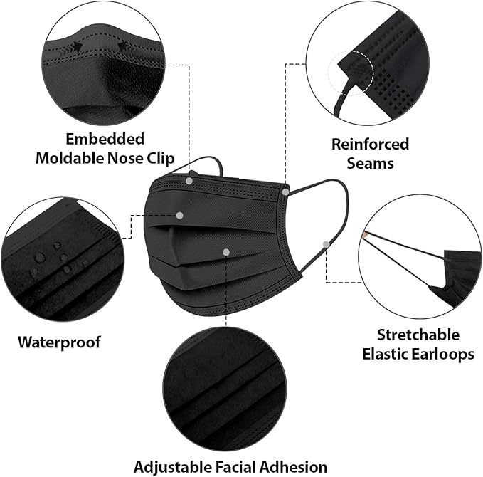 Disposable Face Masks 3 Ply Breathable Premium Quality Face Mask (50 Pcs, Black)