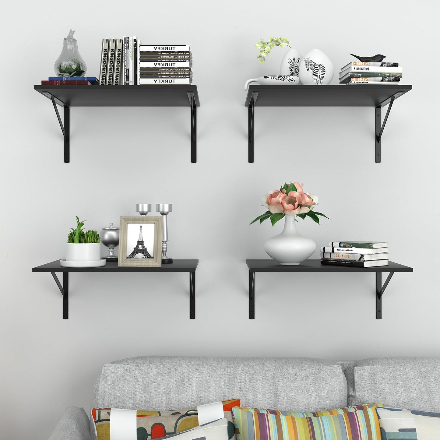 Deep Floating Wall Shelves - 4 Sets of 12 Inch Wide Black Wood Shelves for Bathroom, Bedroom, Kitchen, Living Room