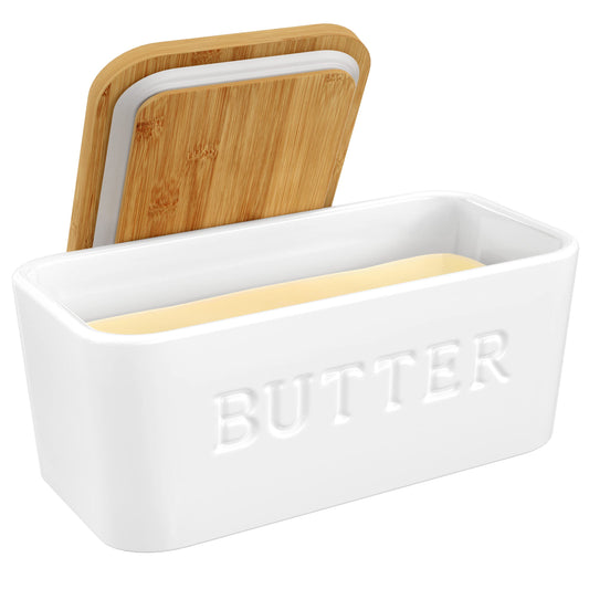 PriorityChef Extra Large Butter Dish with Lid for Countertop, Ceramic Butter Container With Airtight Cover, Butter Keeper for Counter or Fridge, Butter Holder Storage, White