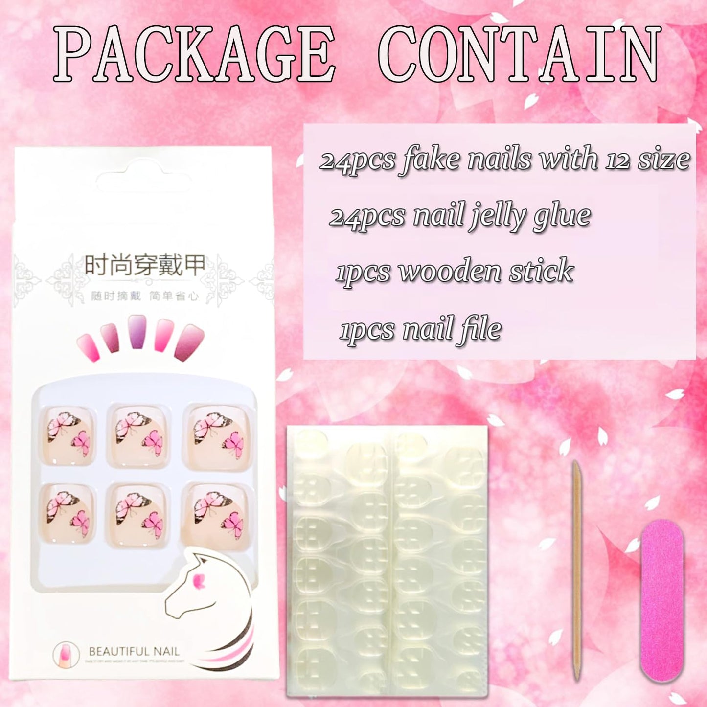 Press on Toenails with Butterfly Designs, Artificial French Fake Nails for Toe, Full Cover Glossy Coffin Acrylic False Nails, Glue on Toenails with Charm, Stick on Toe Nails for Women(JY065)