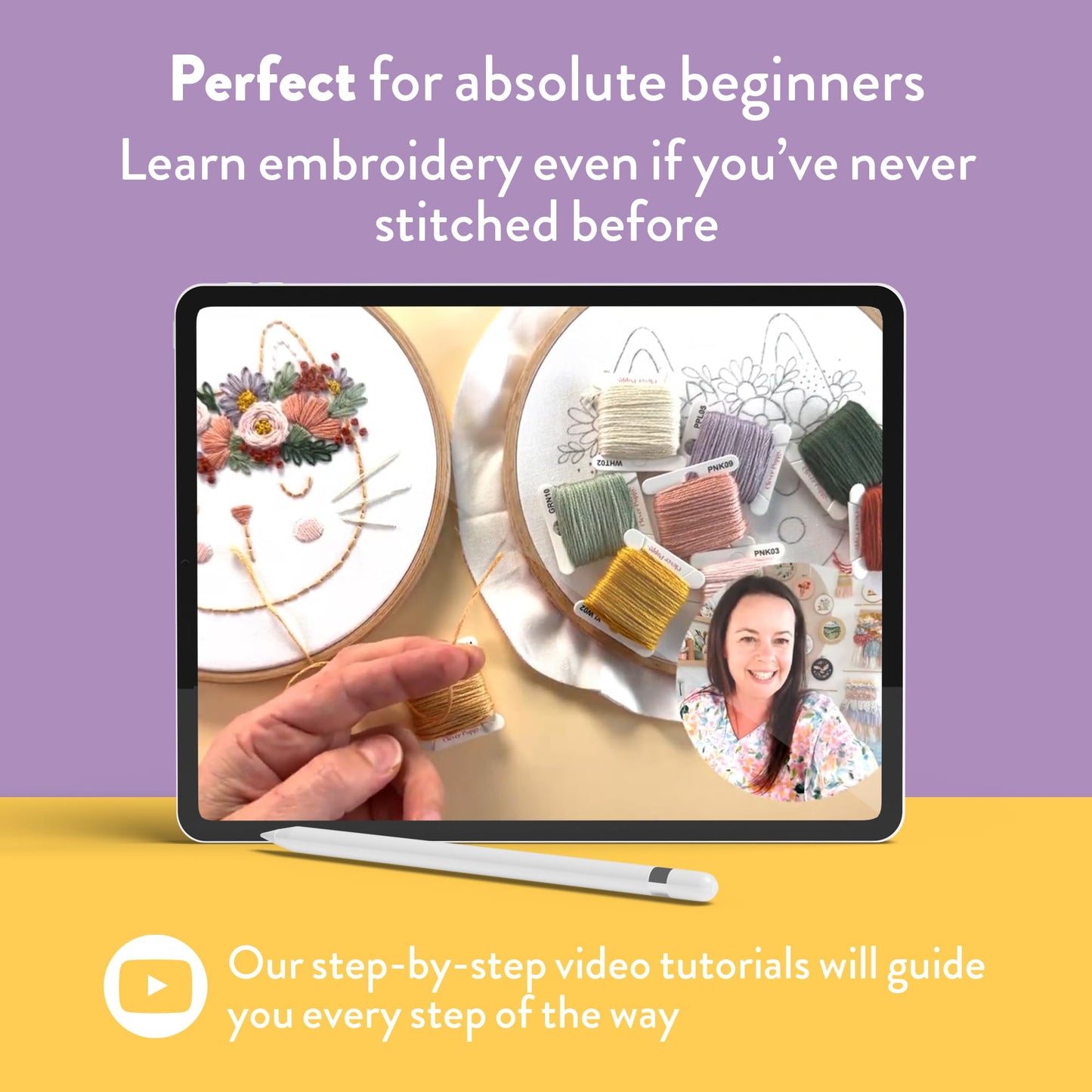 Clever Poppy Flora the Cat Beginner Embroidery Kit – Easy Embroidery Kit for Beginners with Hoop, Thread & Patterns – Hand Embroidery Kit for Adults and Teens – Complete Embroidery Starter Kit