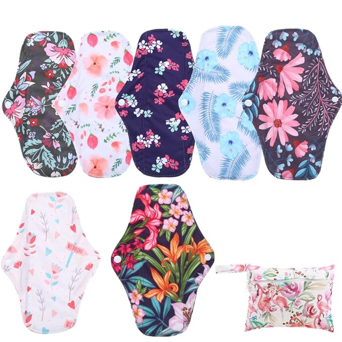 Reusable Waterproof Bamboo Charcoal Menstrual Pad Sets - Panty Liner Regular Flow Heavy Flow (Zhutan, m) - 6 Count - Mixed Multi colors Randomly