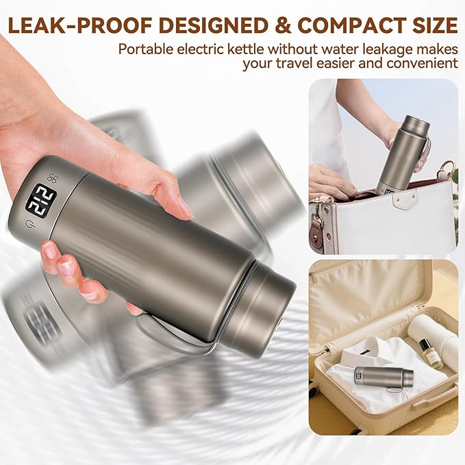 Pure Titanium Travel Kettle,Dual Voltage Portable Electric Kettle 110V-240V Smart Small Water Boiler for Tea & Coffee,12 Temperature Control,Auto Shut Off & Boil Dry Protection (Gray,380ML)