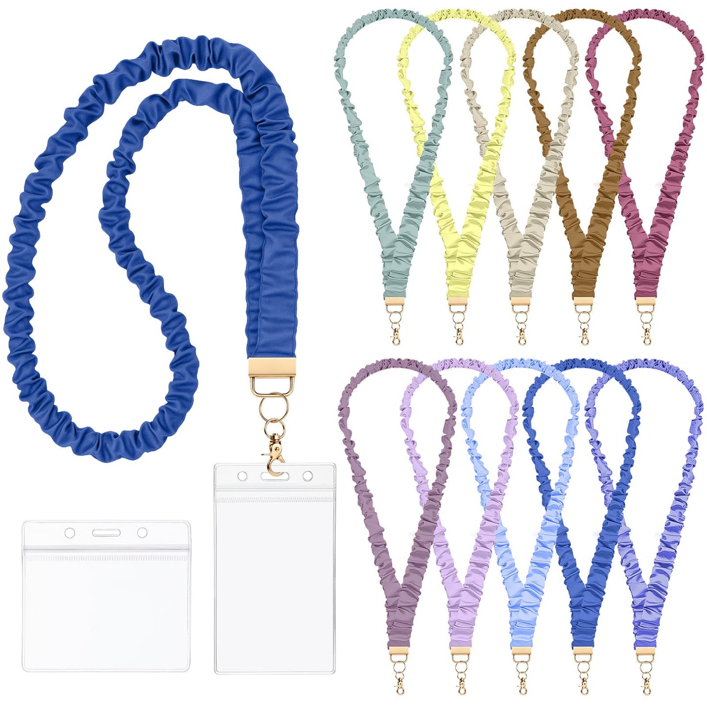 Lerheedi 10 Sets Scrunchies Lanyards with 20 Card Holders for ID Badges Keys Boho Color Stretchy Retractable Teacher Lanyard for Women Nurse Keychain Wallet