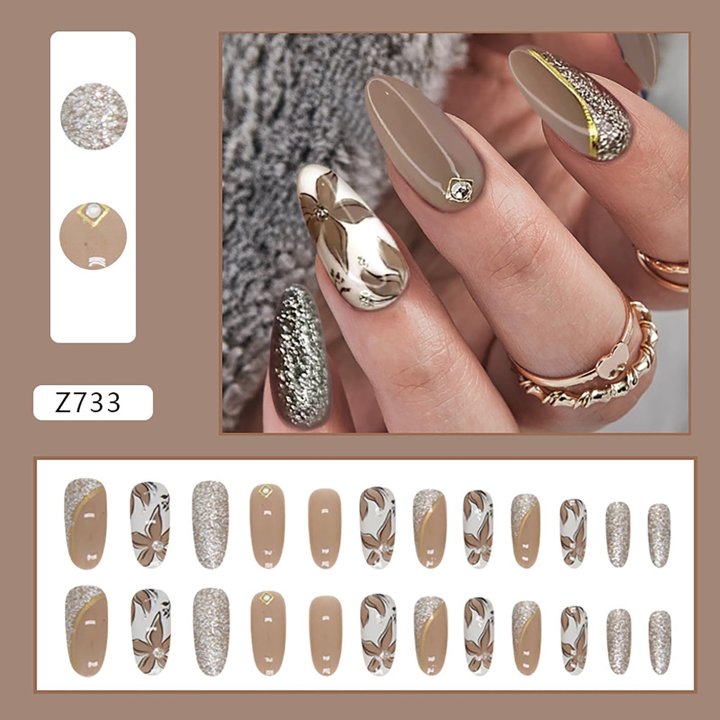 RTKHFZE Fall Press On Nails Oval Almond, Medium Fake Nails Brown Flower Stick Ons with Bling Glitter Designs, 24Pcs Autumn Nails Press Ons for Women