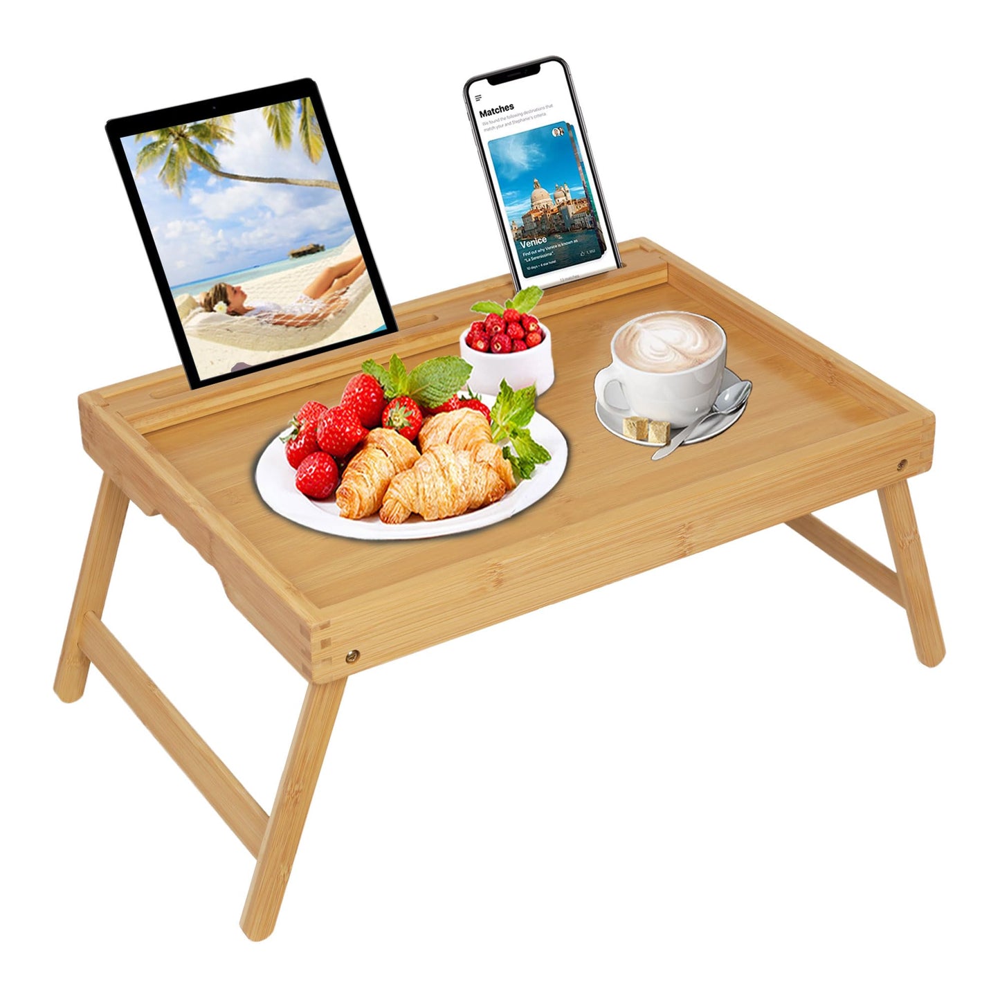 Asuthzon Bed Tray Table with Foldable Legs, Breakfast Food Trays for Eating on Couch with Media Slot for Bed, Eating, TV Tray, Kitchen Serving Tray(Bamboo, Medium)