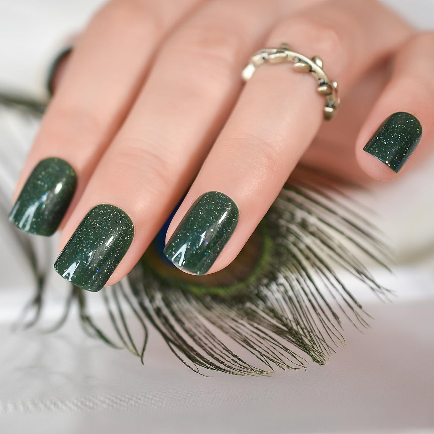 Shiny Glitter Dark Bottle Green Press on Nails - iBeautying False Nails - Glossy Finish Finger Daily Wear Nail - Medium-short Square Acrylic Reusable Fake Nails 24pcs