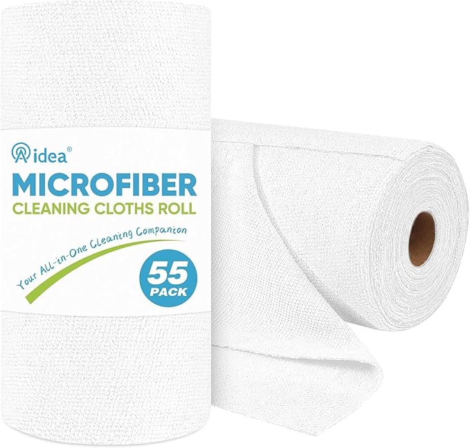 AIDEA Microfiber Cleaning Cloth Roll, White Shop Towels 55 Sheets Washable, Microfiber Towels for Cars, White Rags Reusable Paper Towel for Automotive, Workshop, House, Kitchen, Cleaning Supplies11×9"