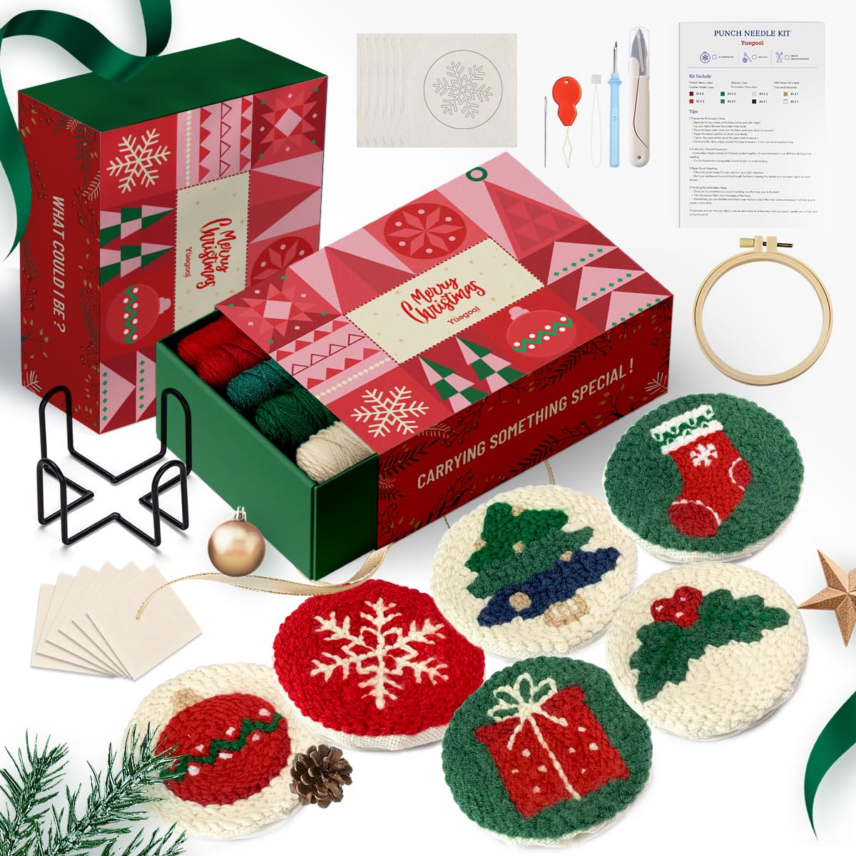 yuegool 6PCS Christmas Punch Needle Coasters Kit - DIY Embroidery Set for Adult Beginners, Holiday Art Craft Supplies with Patterns, Tools, Yarn, Hoop, Instructions, Coaster Holder