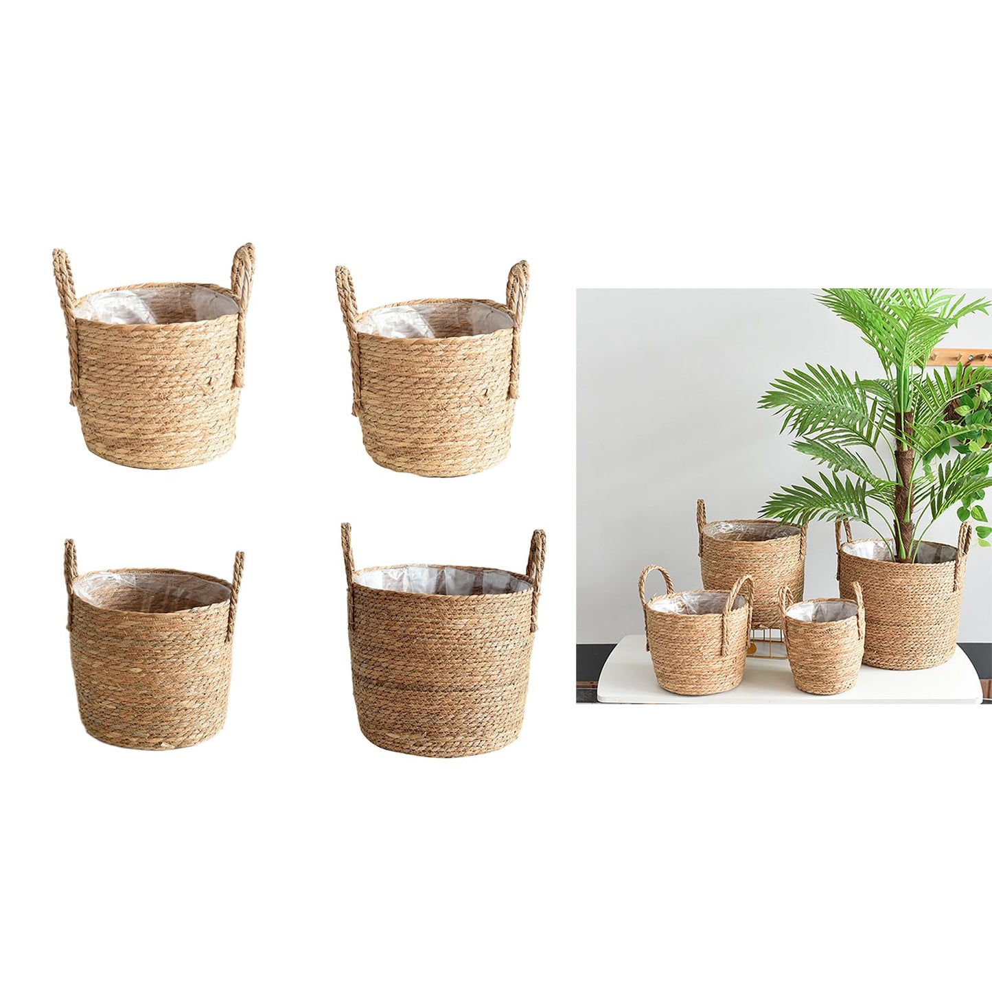 Hqkfuybl Woven Straw Flower Pot, Sea-Grass Planter Basket, Wicker Rattan Vase Sundries Organizers Storage Bins, Hand Woven Basket Planter with Plastics Liners and Handle - L 8.26x10.63inch