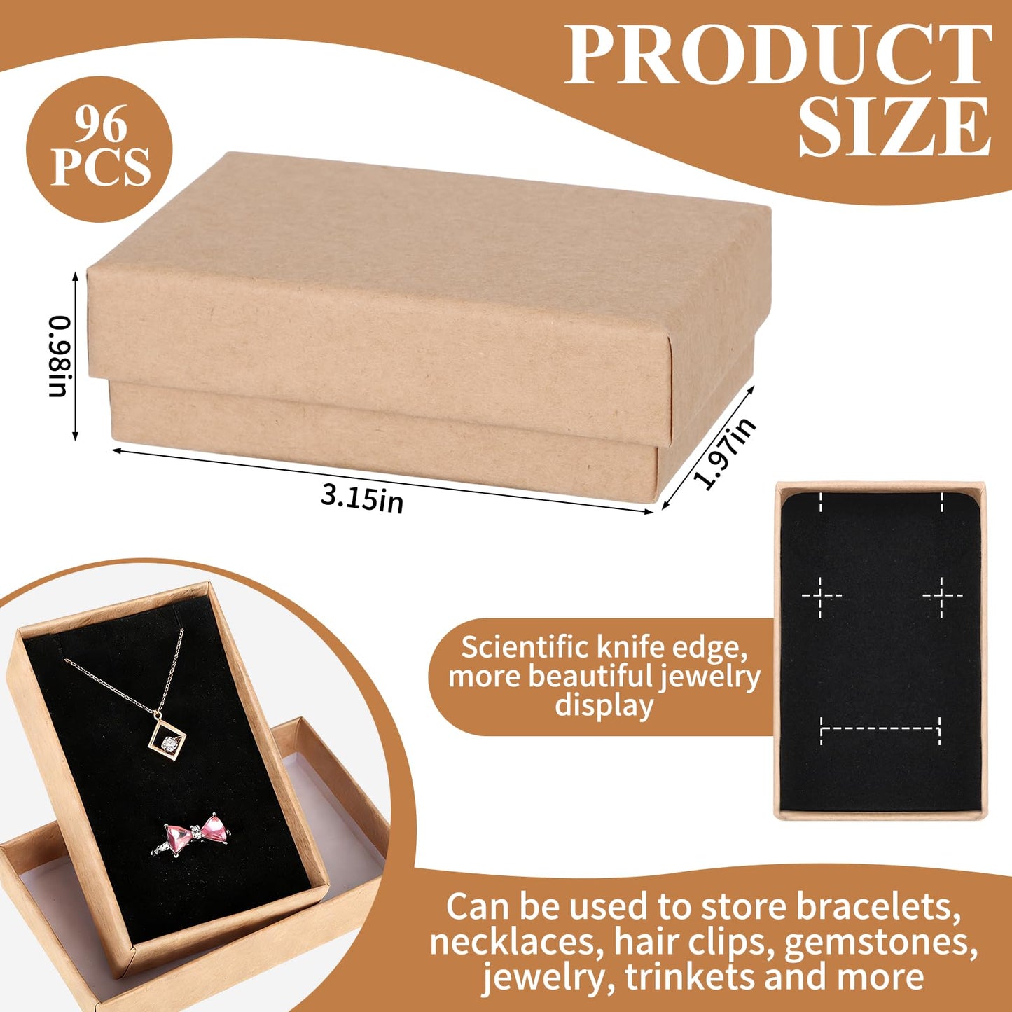 FUPMILPHRANX 96 Pack Jewelry Gift Boxes with Lids, Small Kraft Jewelry Packaging Boxes with Foam Inserts for Necklaces Earrings Bracelets, Cardboard Jewelry Storage Boxes Bulk for Small Business